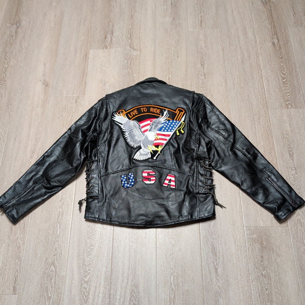 Vintage 80s Diamond Buffalo Black‎ Patchwork Leather Biker Jacket Mens M Lined
